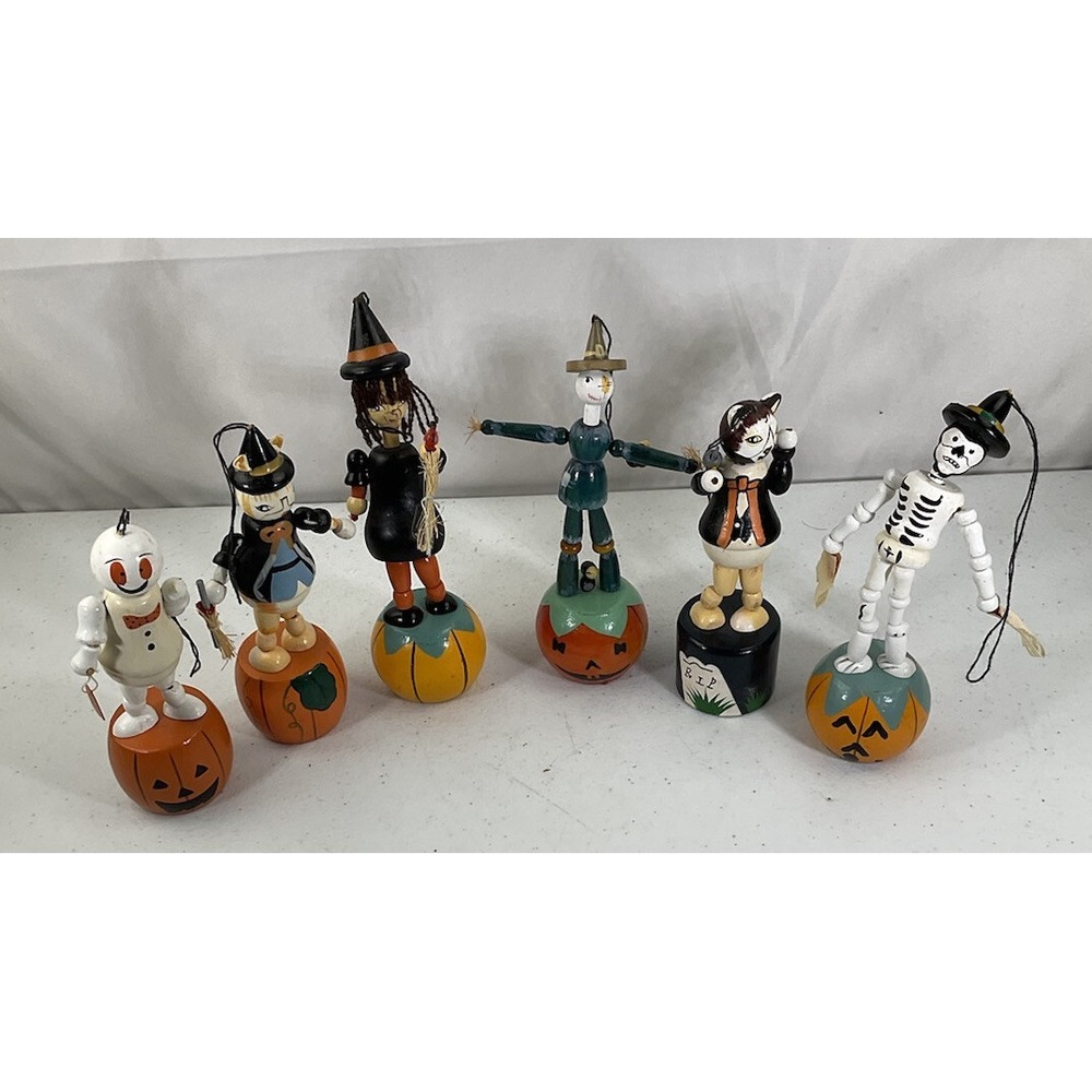Halloween Wood Push Button Thumb Puppets Witch Black Cat Orange Lot of 6